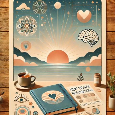 A photo using red and blue pastels depicting a journal and a sunset 