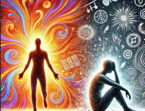 Colorful cartoon  visually representing the contrast between bipolar mania and ADHD