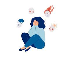 Woman with head in her hands under stress from angry voices around her. 