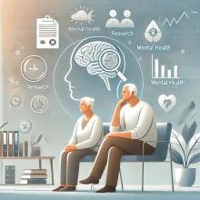 A blog cover image using pastel blue and orange to depict two elderly individuals having thoughts about mental health research. 
