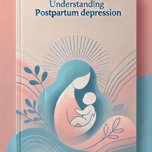 A cover image for a blog about postpartum depression using a pastel pink and blue color pallet, featuring a drawing of a woman's silhouette as she holds a baby.