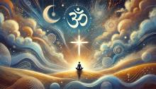 An artistic and serene image depicting religion and self-reflection using a soft blue and orange color scheme.
