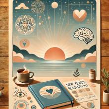 A photo using red and blue pastels depicting a journal and a sunset 