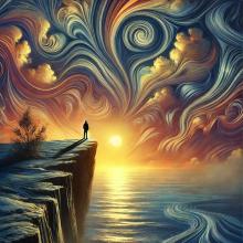 A surreal and introspective scene for a blog post cover on existentialism therapy. The image features a lone figure standing at the edge of a cliff un copy