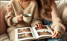 Mother and daughter looking at photographs and holding hands. 