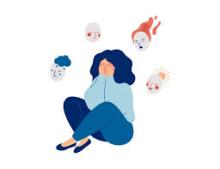 Woman with head in her hands under stress from angry voices around her. 