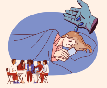Addiction graphic with hands, pills, support groups, and a sad person in bed. 