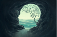 Abstract cool-toned image depicting a brain and a tree in a cave